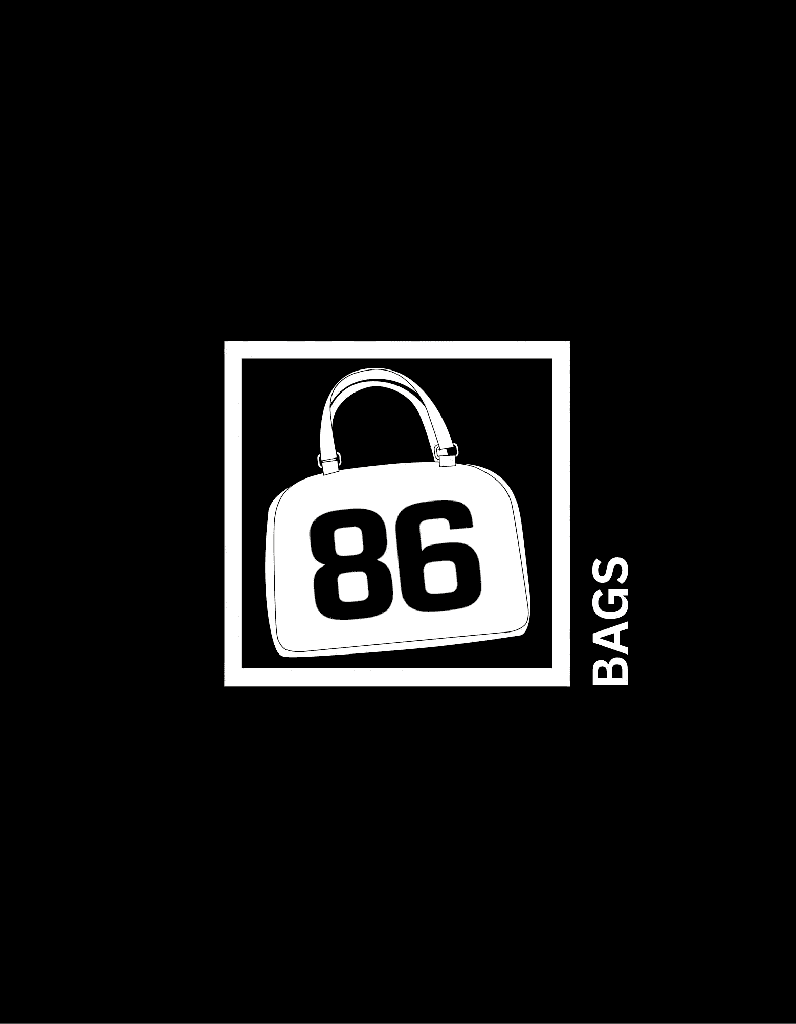 Minimalist white bag illustration with the number 86 inside a framed square on a black background, BAGS.