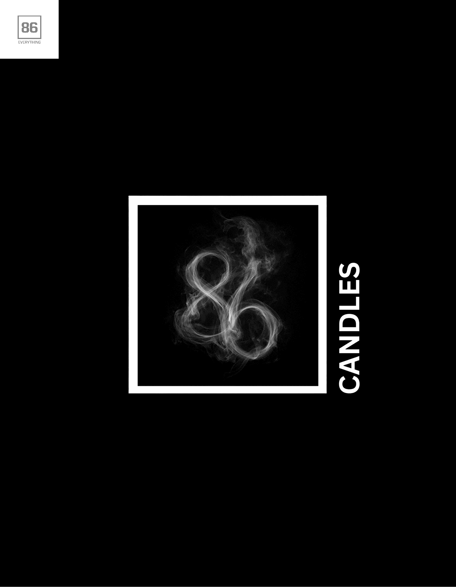 Black background with a white-framed smoky art print, featuring CANDLES text along the right edge.