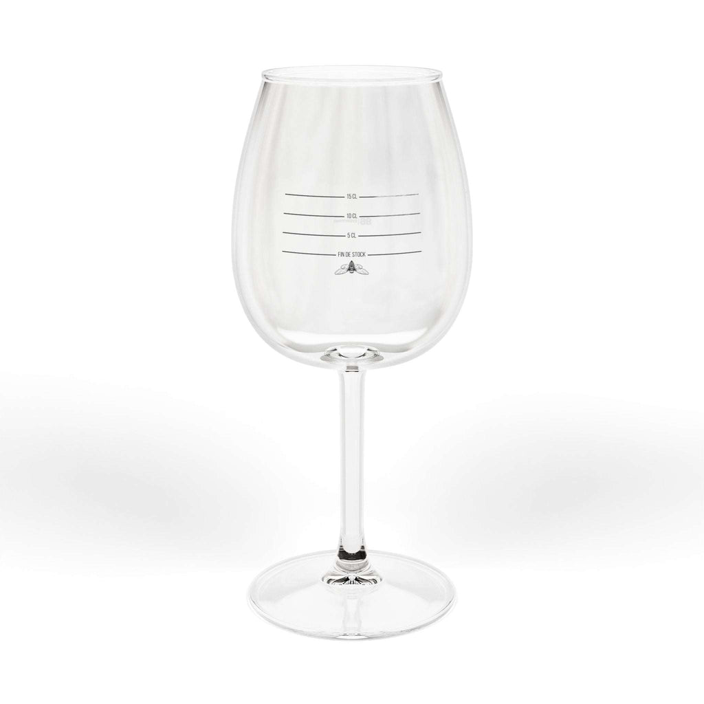 Clear glass wine glass with black measurement lines for 5 CL, 10 CL, 15 CL, and FIN DE STOCK text with a bee icon.