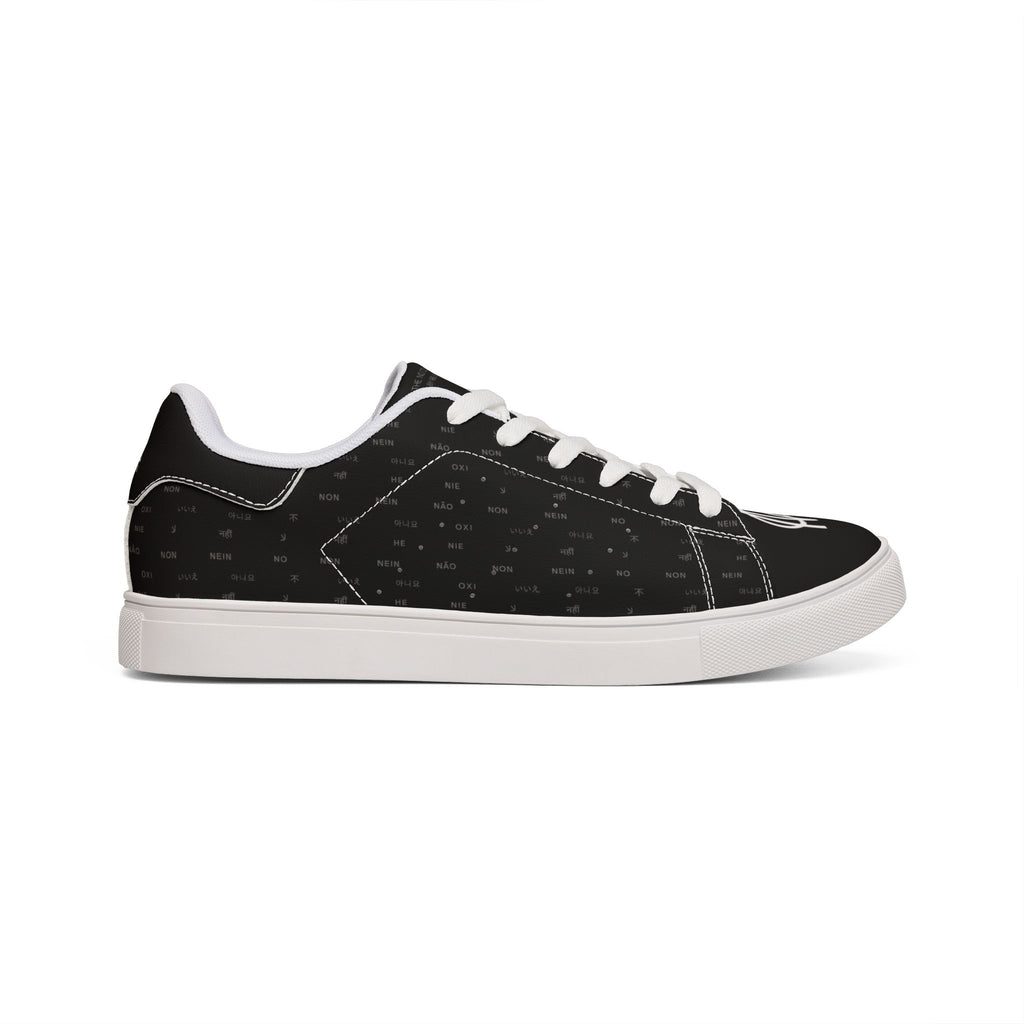 Black Leather Low-Top Sneakers for Men — Minimal NO 86 Logo Casual Shoes by Printify Shoes