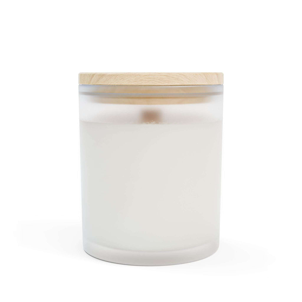 One white soy candle in a frosted glass jar with a light wood lid, shown against a white background.