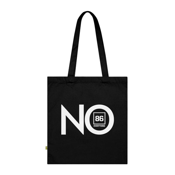 Black fabric tote bag with long handles and white text reading NO and 86 EVERYTHING inside a square.