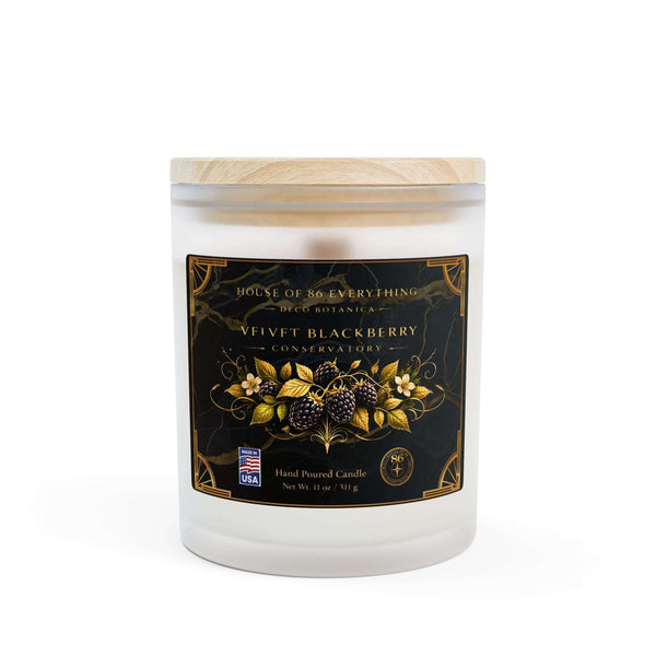 HOUSE OF 86 EVERYTHING | VELVET BLACKBERRY CONSERVATORY - Frosted Glass Candle – 11oz Scented Soy Jar by Printify