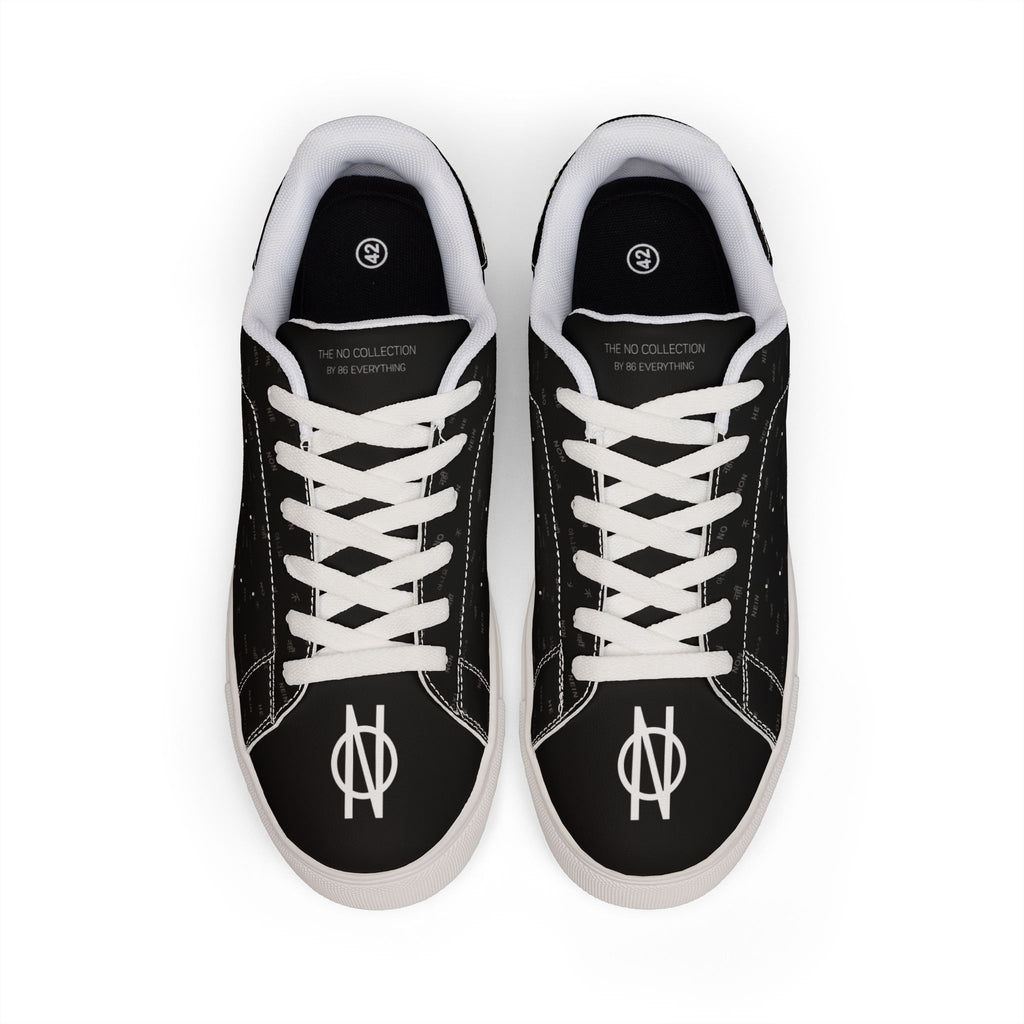 Black Leather Low-Top Sneakers for Men — Minimal NO 86 Logo Casual Shoes by Printify Shoes