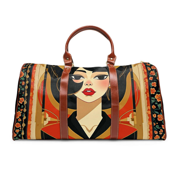 Rectangular fabric duffel bag with brown handles featuring a stylized woman's portrait and orange floral patterns.