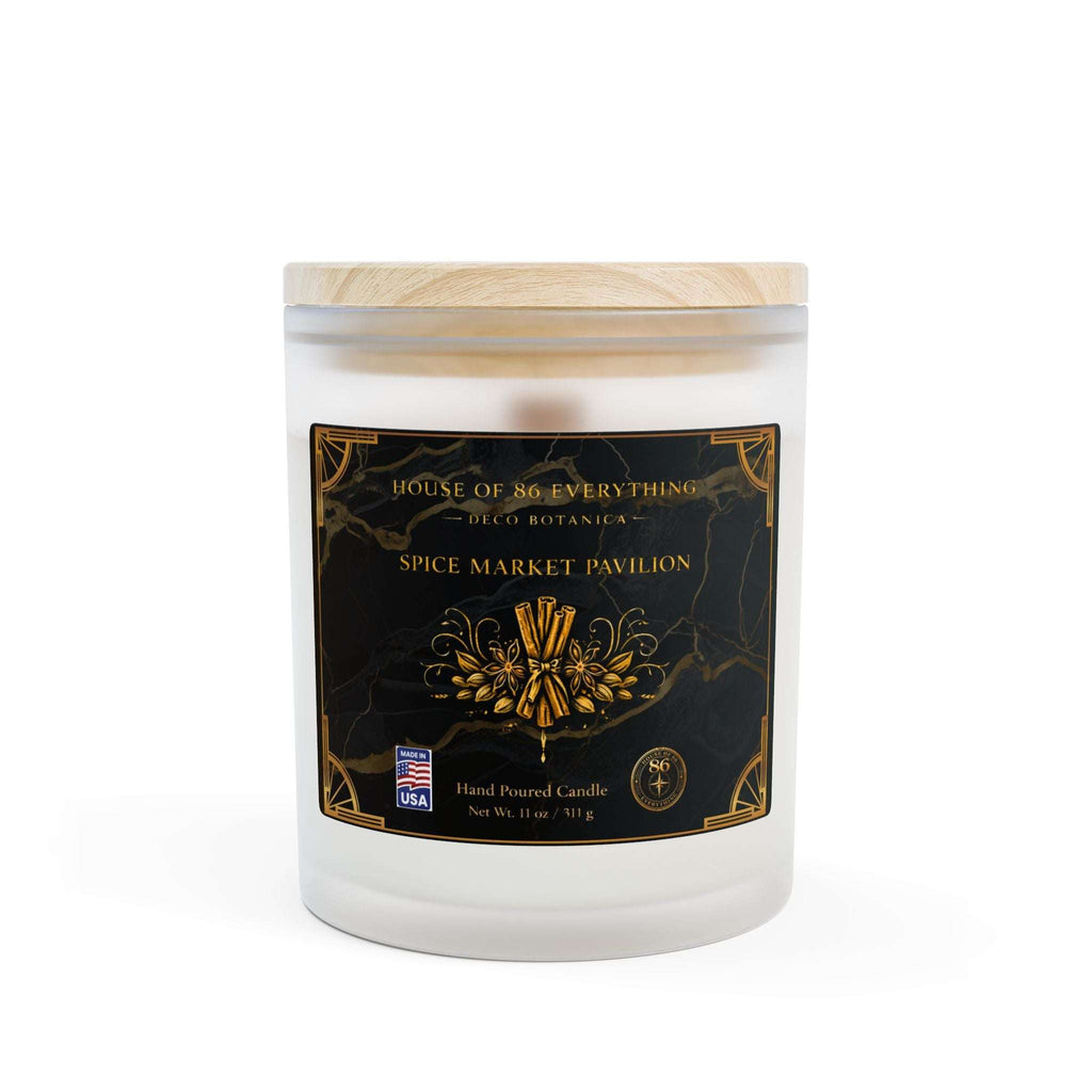 HOUSE OF 86 EVERYTHING | SPICE MARKET PAVILION - Frosted Glass Candle – 11oz Scented Soy Jar by Printify