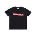 Black fabric t-shirt with a red brushstroke graphic and white text reading Unavailable By Design.