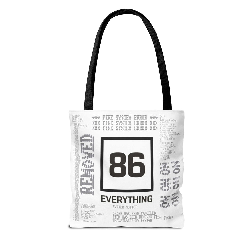 White fabric tote bag with black straps featuring a 86 Everything Fire System Error graphic and receipt text.