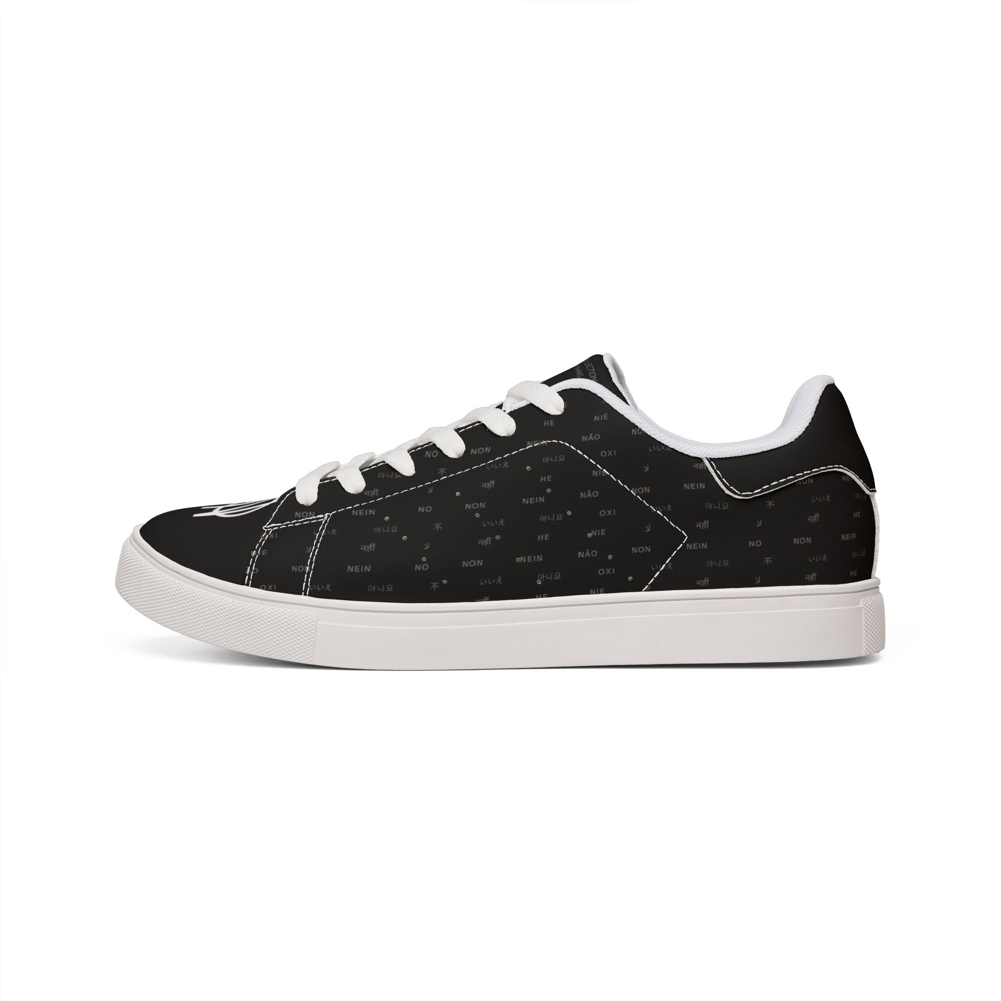 Black Leather Low-Top Sneakers for Men — Minimal NO 86 Logo Casual Shoes by Printify Shoes