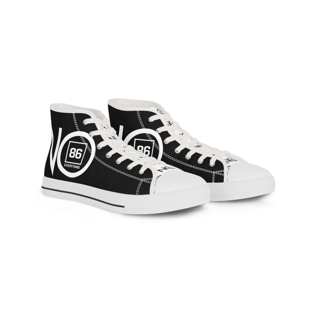 Pair of black fabric high top sneakers with white laces and soles, featuring 86 EVERYTHING printed in a white circle.