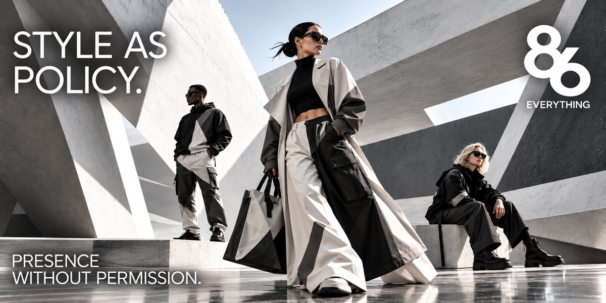 Three fashion models pose in a modern geometric concrete plaza, showcasing streetwear outfits. The central model wears a long black-and-white coat over a black top and wide-leg white trousers, holding a black tote bag.
