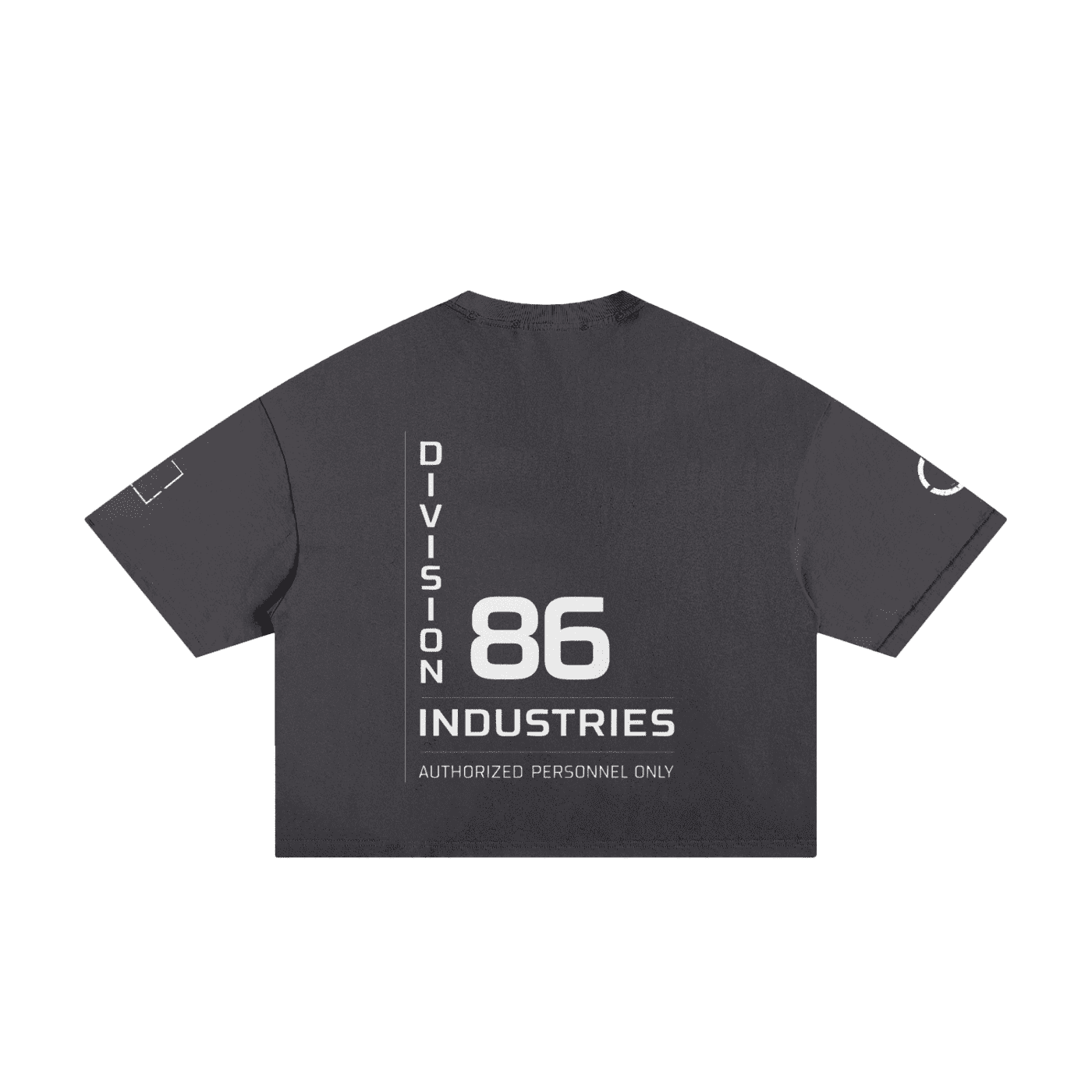 Dark grey fabric t-shirt featuring white text: Division 86 Industries Authorized Personnel Only.